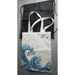 White and Blue Wave Cotton Tote bag & Black Polyester Drawstring Bag